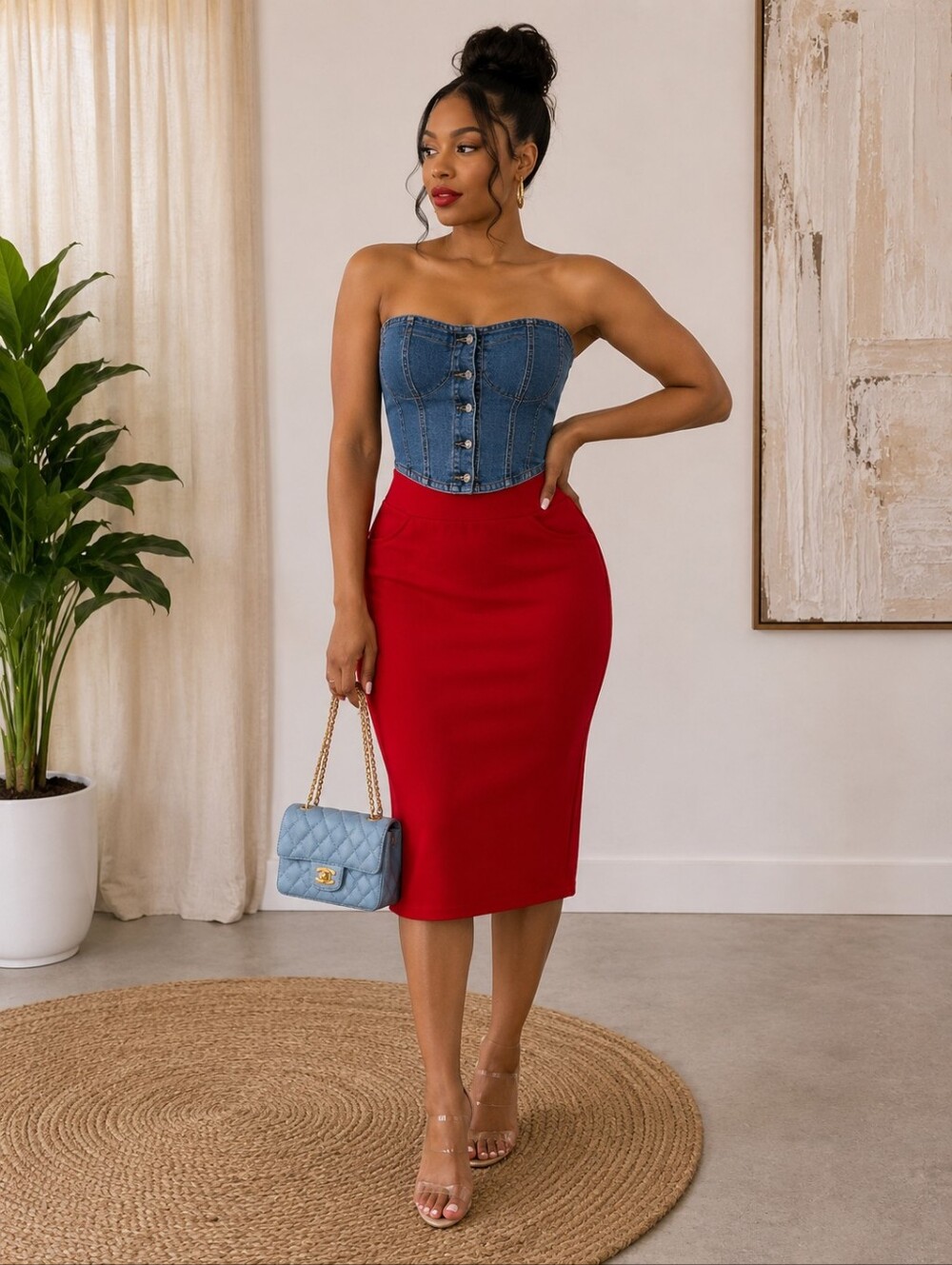 Women's Red Midi Pencil Skirt - Classic High-Waist Style